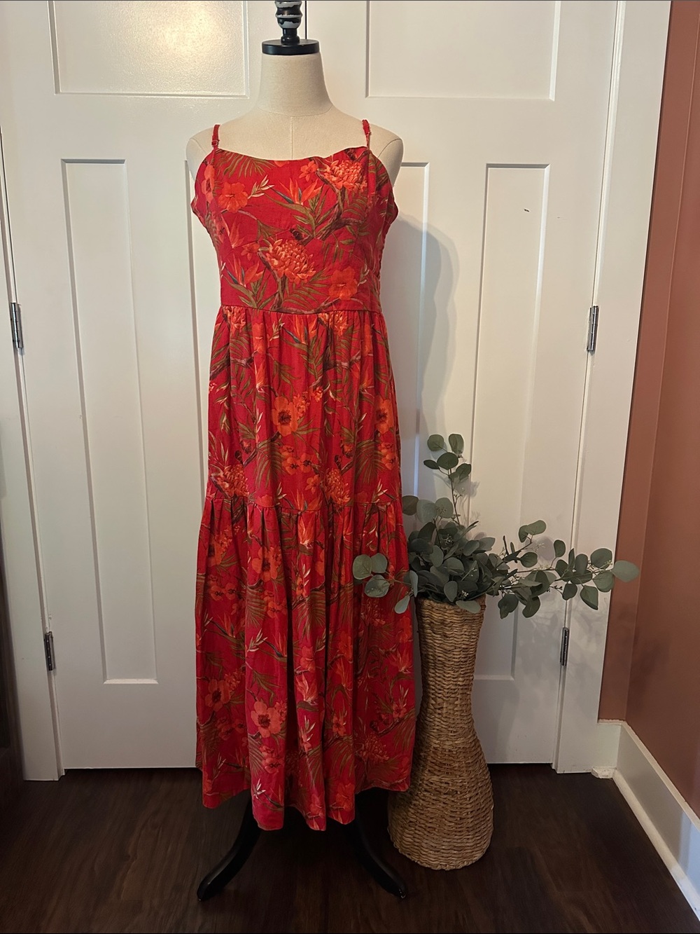 Christian Lacroix Red tropical Floral Tiered Maxi  L linen blend smocked Dress